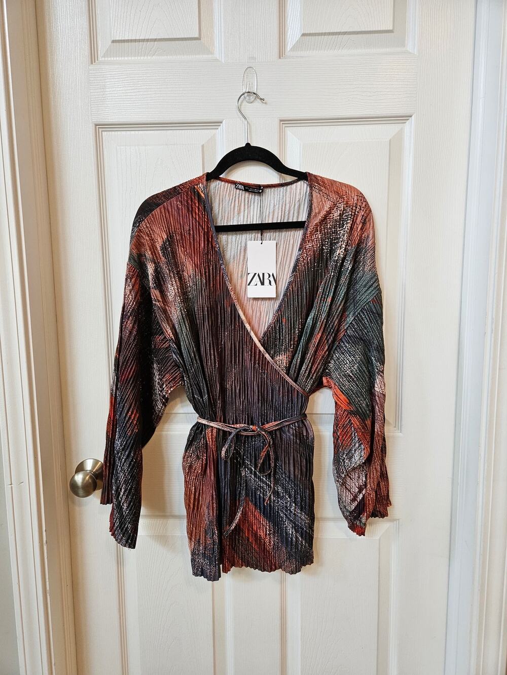 Zara NWT Pleated Printed Kimono Wrap Top Size L Belted Long Sleeve Blouse